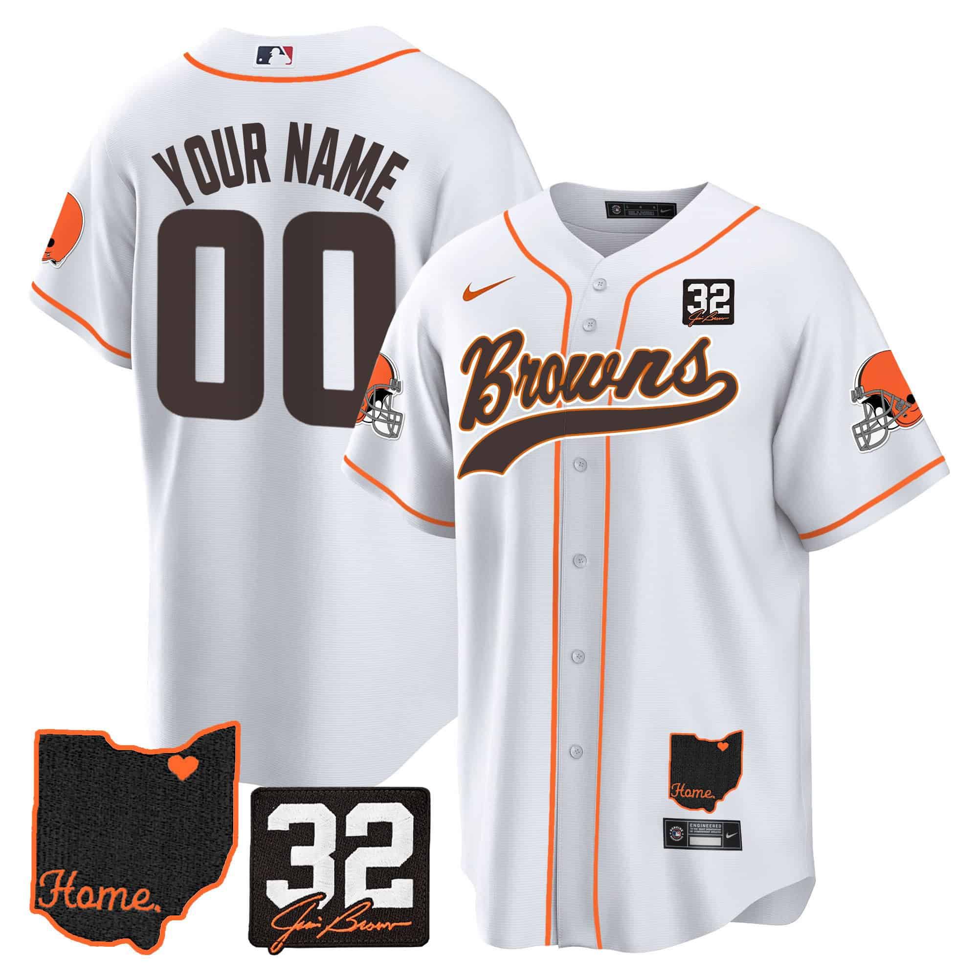 Men Cleveland Browns White #32 Jim Brown Memorial Home Patch Baseball Custom 2024 Nike NFL Jersey